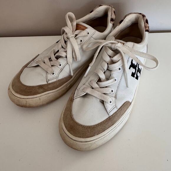 Tory Burch White Leather Andrea Color Block Logo Court Sneakers Womens Size 8 - Picture 3 of 10